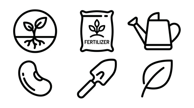 Gardening and agriculture line icon set featuring sprout fertilizer watering can seed trowel leaf