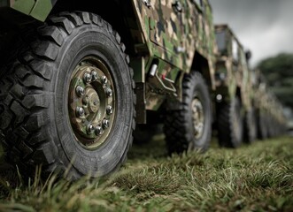 Row of army vehicles on grass with camouflage paint featuring detailed wheels and tires, captured in high-quality close-up with cinematic lighting effects
