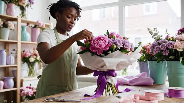 African American woman in apron arranges bouquet with pink peonies and purple roses. She works in a bright flower shop, showing creativity. Ideal for holiday promotions or small business.