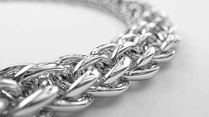 A detailed close up of interlocking silver chains creating a lustrous metallic texture and pattern