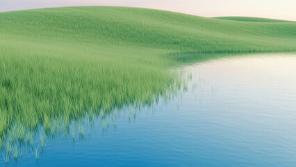 Tranquil Waters: A serene waterscape, where rolling green hills gently meet the edge of a calm, reflecting water surface, creating a peaceful and harmonious scene.