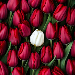 Fototapeta premium Red Tulips With Single White Flower Symbol of Uniqueness 13