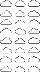 Fototapeta premium A grid of stylized, black-outlined cloud shapes, varying in size and design. Twenty-four cloud icons create a weather-themed pattern
