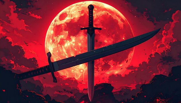 Digital art features two swords crossed in front of a giant blood-red full moon with a dark landscape backdrop