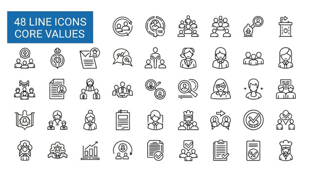 48 line icons representing core values and business ethics
