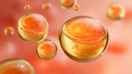 Close-up view of numerous golden-orange translucent spherical droplets with internal textures, floating against a soft reddish background, suggesting microscopic biological or chemical elements.