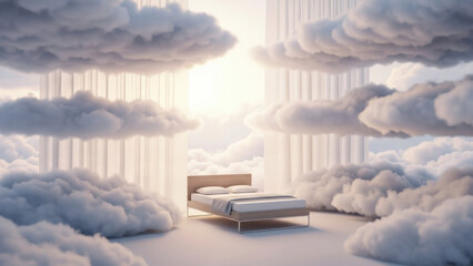 Dreamy Reverie: An inviting bed floats serenely amidst a sea of fluffy clouds, bathed in a soft, ethereal glow, creating a tranquil atmosphere of dreams and imagination.