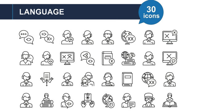 Language icons set for communication and translation services