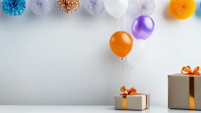Festive Celebration: Capturing the spirit of joy with vibrant balloons, festive decorations, and elegant gift boxes, against a clean backdrop.