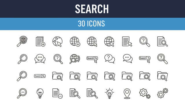 Collection of 30 search icons in various styles and designs