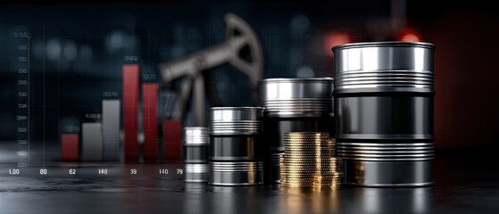 Dynamic scene with oil barrels and rising prices chart on dark background with oil pump