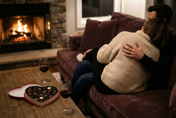 A romantic couple embraces on a velvet sofa in front of a roaring fireplace, enjoying a quiet evening with glasses of red wine and a heart-shaped box of chocolates on the wooden coffee table.