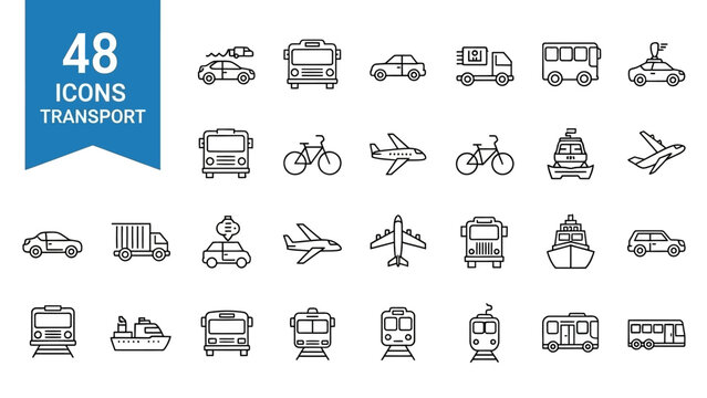 Transportation icons set for various modes of travel and vehicles