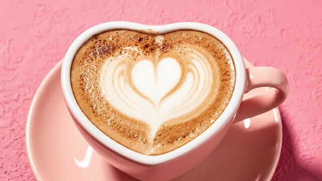 A visually appealing heart-shaped ceramic coffee cup, accompanied by a matching saucer, holds a delightful latte featuring expertly crafted heart-shaped foam art on its surface. A light dusting of coc