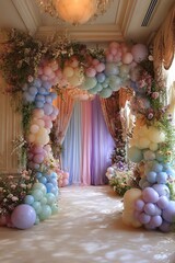 A tall bubble arch decorates an indoor area filled with flowers. The soft colors create a welcoming entrance to a celebration. Natural light brightens the space