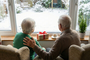 A rear view of an affectionate elderly couple sitting in armchairs and hugging while looking out at a snowy garden, with a gift box and tea cup on the windowsill.