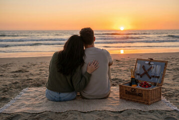 A rear view of a romantic couple sitting on a blanket and hugging while watching the golden sunset over the ocean, accompanied by a picnic basket with champagne and strawberries.