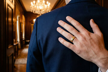 A close-up detail shot of a woman's hand wearing a silver wedding band gently resting on the back of a man in a black formal suit, set against a blurred background of a luxury hallway.