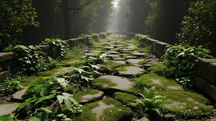 Mossy stone pathway through serene forest with lush greenery and sunlight filtering through trees