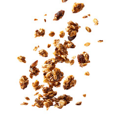 Loose Muesli Granola Pieces Falling Mid-Air, Crunchy Breakfast Food Isolated