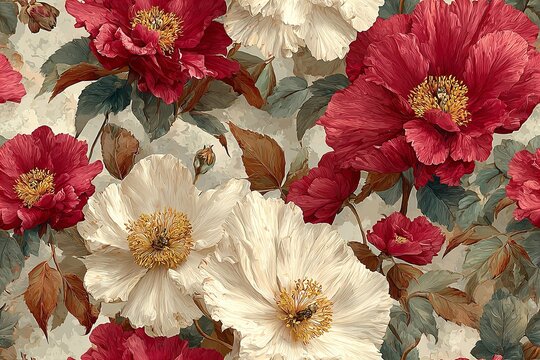 Elegant, chic, vintage seamless repeatable pattern featuring blooming peonies in oil painting style