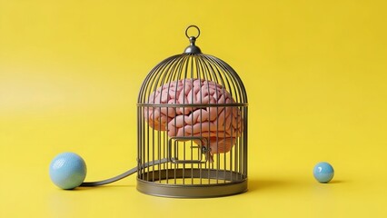 Brain trapped in metal birdcage with stress ball and dumbbell on yellow background