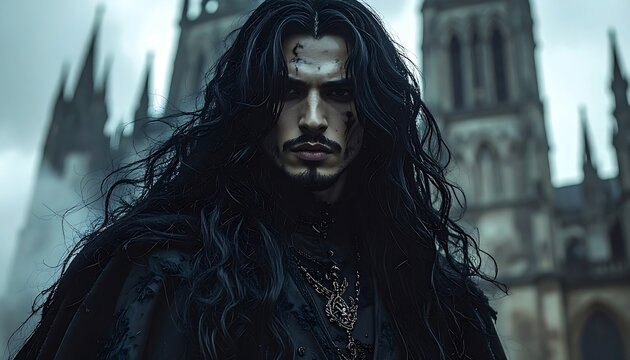 A gothic portrait of a dark-haired man with a stern expression in front of a cathedral on a foggy day