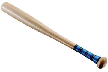 Sporty wooden baseball bat with blue textured grip wrap and black ring patterns isolated on transparent background for baseball training gear