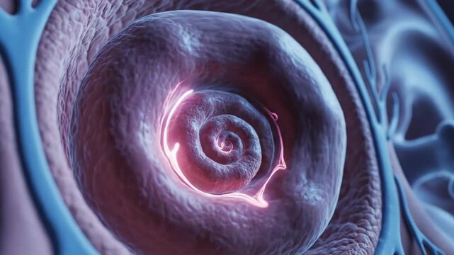 Detailed 3d render of the glowing pink spiral cochlea structure, illustrating sensory function within the anatomical inner ear.