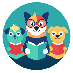 Fototapeta premium Educational illustration featuring group of three cute anthropomorphic dogs reading colorful books together inside turquoise circle