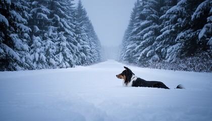 Beautiful tricolor collie dog lies peacefully in deep snow on a path through a foggy winter forest with snow-covered evergreen trees
