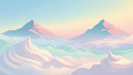 Majestic Peaks and Pastel Skies: A breathtaking vista of mountain peaks piercing through a sea of fluffy clouds, all painted in soft pastel hues, evoking a sense of tranquility and awe.