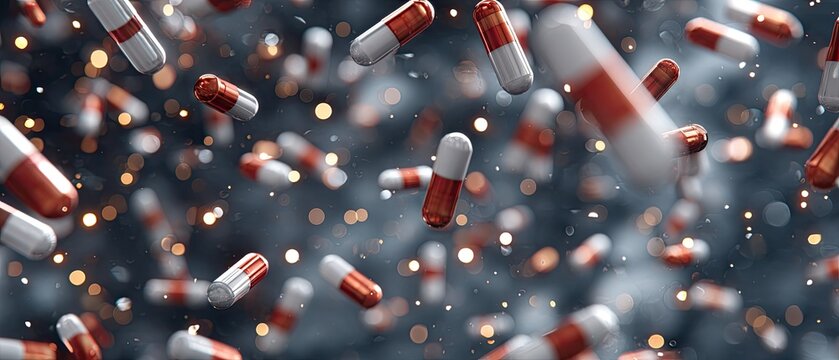 Red and white pills in motion with glowing lights against a dark blue background creating a dynamic floating scene