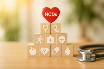 Non-Communicable Diseases (NCDs) Awareness: A visual representation of health and well-being, featuring a heart symbol above blocks with health icons like a stethoscope, cross, and heart.