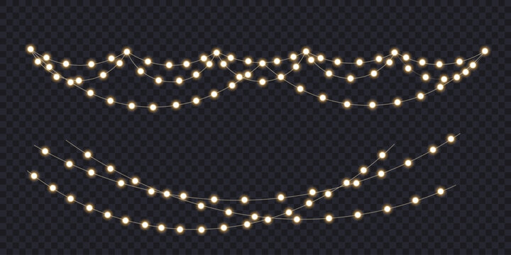 Gold Christmas garland on transparent background, new year light effect elements for banner, poster, flyer and xmas card. Horizontal yellow wires shining, led strips png, vector illustration.