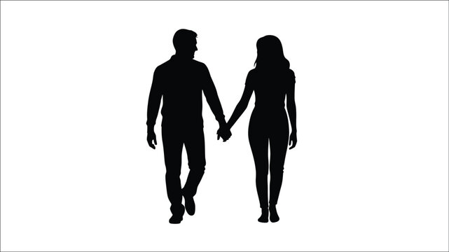 a couple holding hands walking together in a striking black silhouette