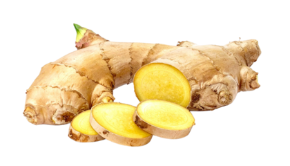 Ginger Root on Transparent background - falling ginger pieces cut up in slices or sliced Ginger - Food display, marketing packaging and cosmetics - Medicinal Food and Vitamins