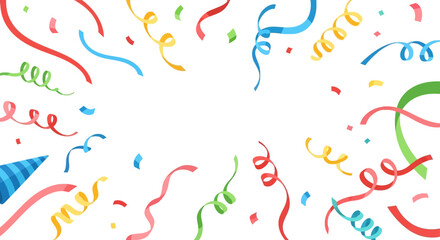 Colorful celebration confetti elements and ribbons falling against a white background, used for america party decorations.