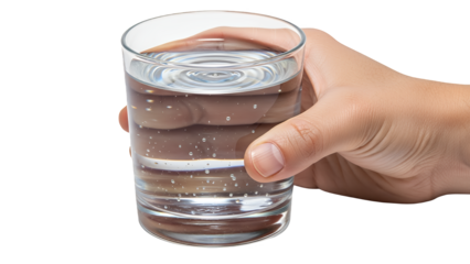A person's hand holding a clear glass of pure, refreshing drinking water, with subtle bubbles and reflections, expertly isolated on a transparent background, promoting health
