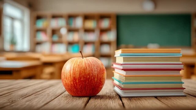 Apple and Books on School Desk: A vibrant red apple and a stack of colorful books grace a wooden desk in a cozy classroom setting, symbolizing education and knowledge.