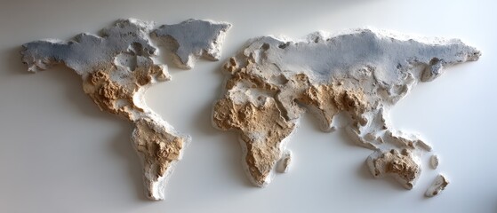 World map made of plaster with detailed landmass in shades of brown and gray on off-white background showcased on a wall