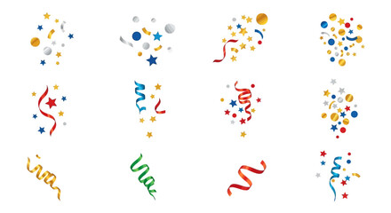 Obraz premium Colorful vector illustrations of confetti elements and ribbons for celebration in America