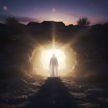 Light coming out of empty tomb or cave entrance symbolizing christian resurrection morning