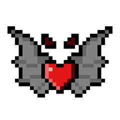 Fototapeta premium Pixel Art Red Heart with Bat Wings and Devil Horns