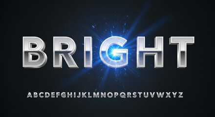 Metal letter with blue light effect on dark background. The word "BRIGHT" and alphabet letters, representing illumination, modernity, and technological advance