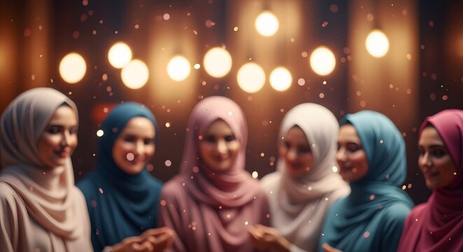 Muslim women in hijabs celebrating with joyful expression and bright bokeh
