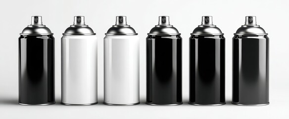 The spray paint cans in alternating black and white row on white background