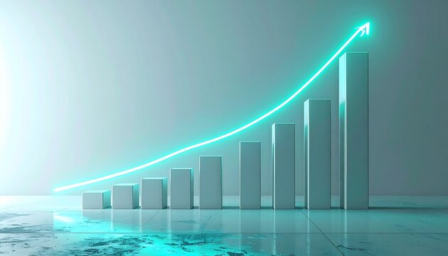 A glowing blue arrow curves upwards over a 3D bar chart showing increasing data values, symbolizing business growth and financial success.