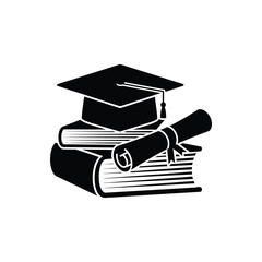 Graduation cap books with diploma education silhouette vector illustration