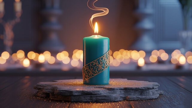 Teal candle with golden ornate band on a stone platform with bokeh lights burning flame